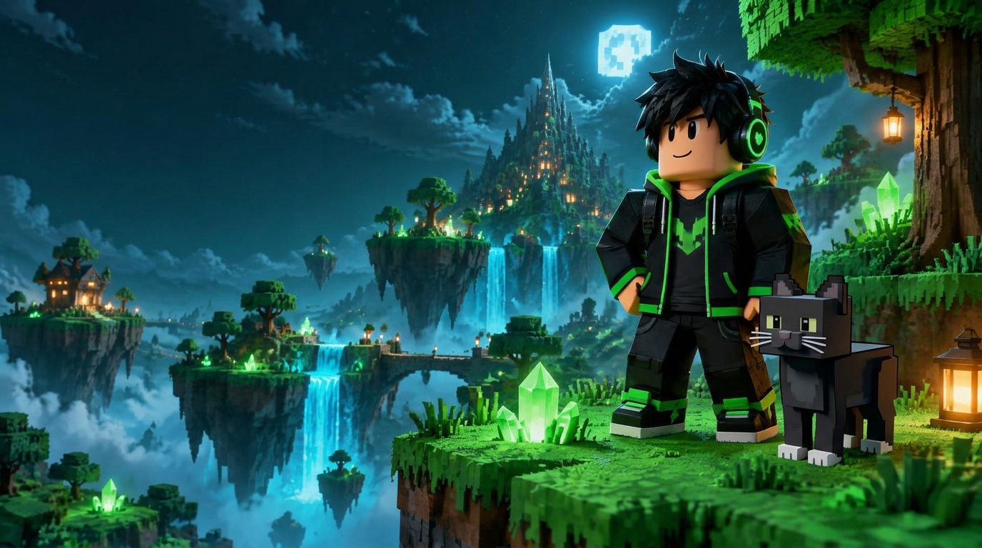 An illustrated Roblox-inspired gamer and his black cat exploring a world of floating islands